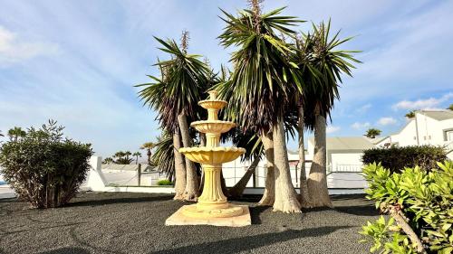 a yellow vase sitting on the ground in front of palm trees at Caleta Dorada in Caleta De Fuste