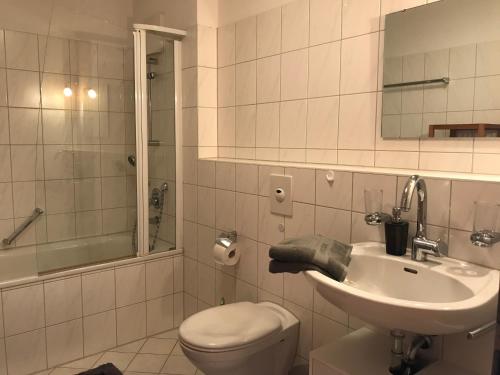 a bathroom with a toilet and a sink at Ferienwohnung am Hopfengarten - helle 2 Zimmer Maisonette mit großem Balkon in Lindau