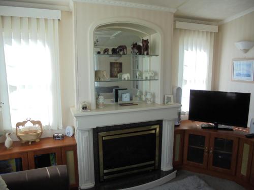 a living room with a fireplace and a flat screen tv at Golden Anchor : Ovation 4 Berth, Wrap Around Decking in Chapel Saint Leonards