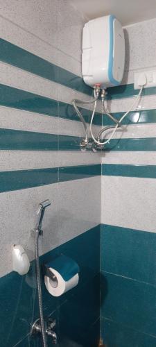 uma casa de banho com uma parede listrada em azul e branco em Costel em Malvan