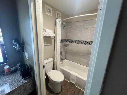 a small bathroom with a toilet and a bath tub at Econo Lodge Inn & Suites Murfreesboro Shopping District in Murfreesboro