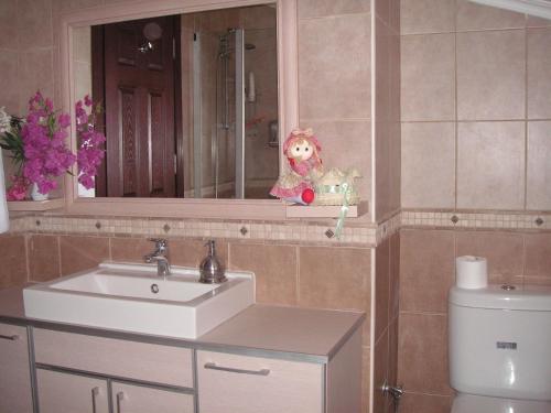 uma casa de banho com um lavatório, um espelho e um WC. em Carikci Hotel em Marmaris