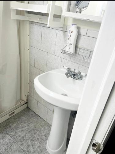 a bathroom with a white sink and a shower at Large 3-Bedrooms/2-Bath Apt, One Block to Train in Brooklyn