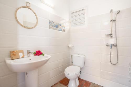La salle de bains blanche est pourvue de toilettes et d'un lavabo. dans l'établissement Bungalow avec piscine au cœur de la campagne Vert, à Sainte-Marie