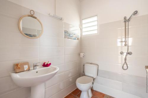 a white bathroom with a sink and a toilet at Bungalow avec piscine au cœur de la Campagne Oge in Sainte-Marie
