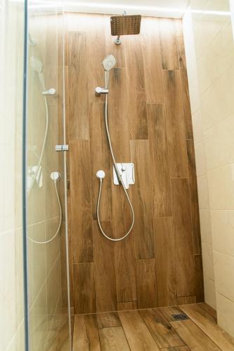 a bathroom with a shower with a glass door at City Zen in Ruse