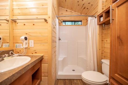 a bathroom with a shower and a toilet and a sink at Jellystone Park Tower Park Resort in Lodi