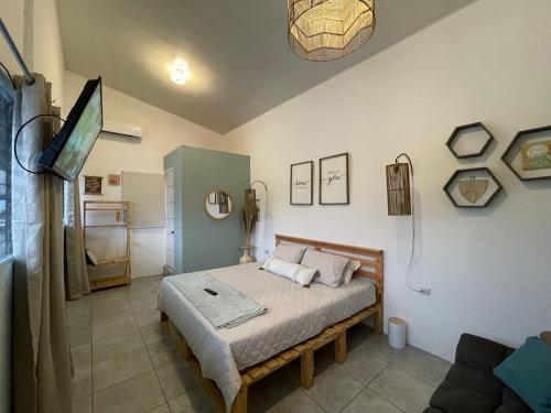 Un dormitorio con una cama y un televisor de pantalla plana. en Casa Serena B&B, en Nueva San Salvador