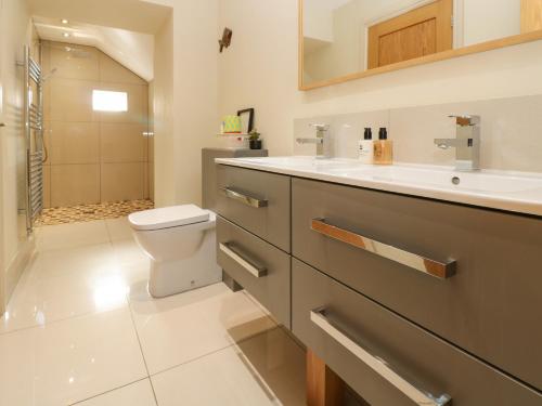 a bathroom with a toilet and a sink and a shower at Cross Cottage in Durham