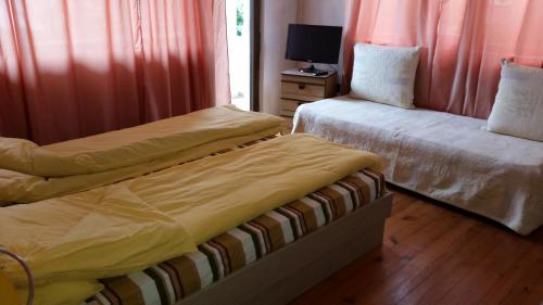 a bedroom with two beds and a television in it at Guest House Dara in Tsarevo