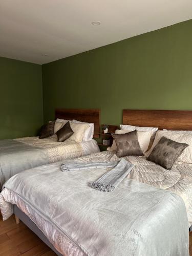2 Betten in einem Schlafzimmer mit grünen Wänden in der Unterkunft Casa Niza in Bogotá