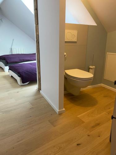 a bathroom with a bed and a toilet in a room at L’atelier, appartement lumineux et cosy in Ploërmel