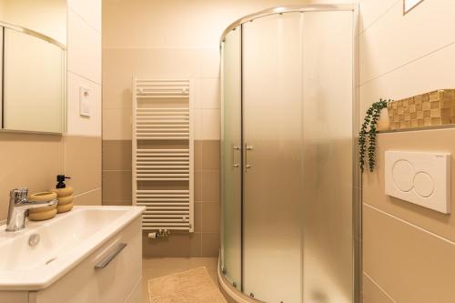ein Bad mit einer Dusche und einem Waschbecken in der Unterkunft Apartmány KRAKENS in Šumperk