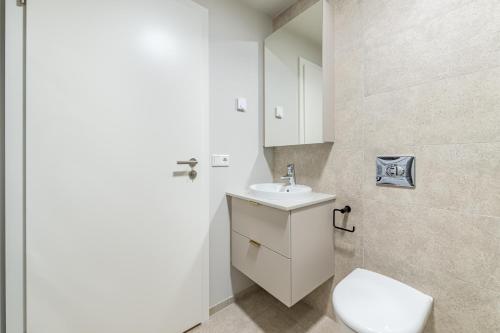 雷克雅維克的住宿－Grandinn Luxury apartment in Downtown Reykjavík，浴室配有白色卫生间和盥洗盆。