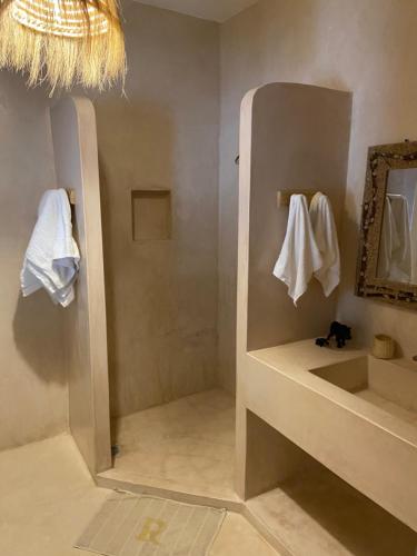 a bathroom with a shower with a sink and a mirror at Nakupenda House in Watamu