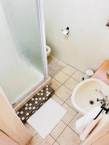 a bathroom with a shower and a toilet and a sink at Luba Suite in Durban