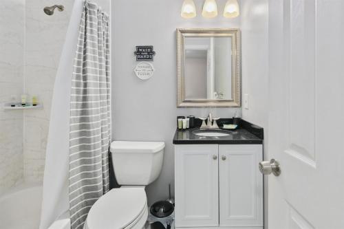een badkamer met een toilet, een wastafel en een spiegel bij Modern, Office, Fast WiFi, 40 Mins to DC in Sterling