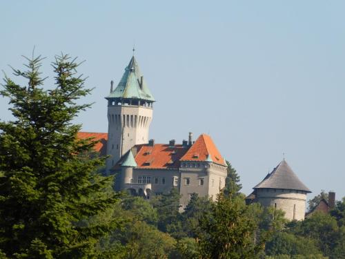 a castle on top of a hill with trees at Penzión Záruby in Smolenice