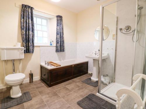 a bathroom with a shower and a toilet and a sink at North Lodge in Forfar