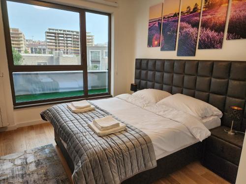 1 dormitorio con cama grande y ventana grande en Ramonda - Belgrade Waterfront, en Belgrado