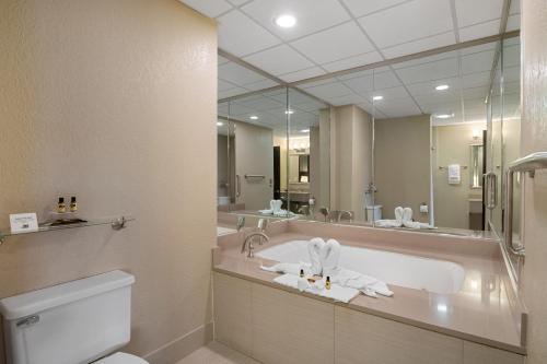 baño con lavabo y espejo grande en Antioch Hotel & Suites, en Antioch