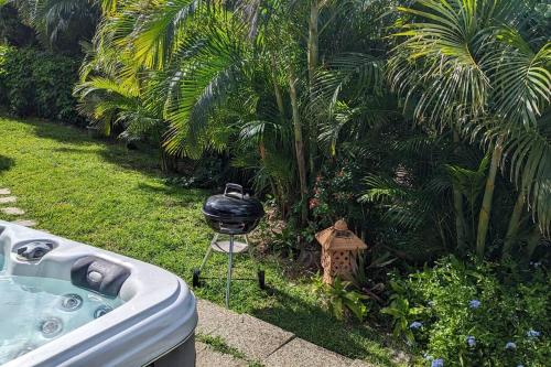 a barbecue grill sitting next to a yard with palm trees at Cocon de charme avec spa, proche de la plage in Les Trois-Îlets