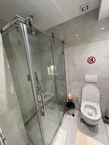 y baño con ducha y aseo. en New Prishtina Luxury Rooms, en Pristina