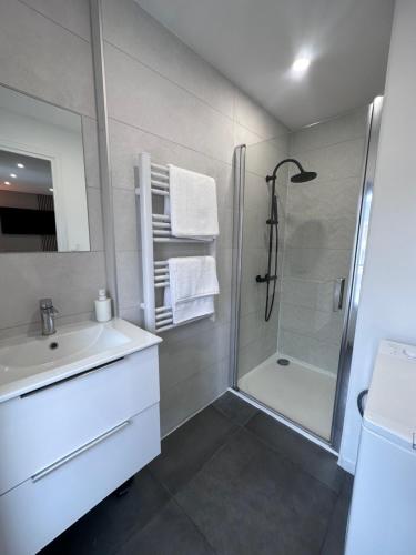 baño blanco con ducha y lavamanos en Le 28 Bis - Moderne & Confort, en La Roche-sur-Yon