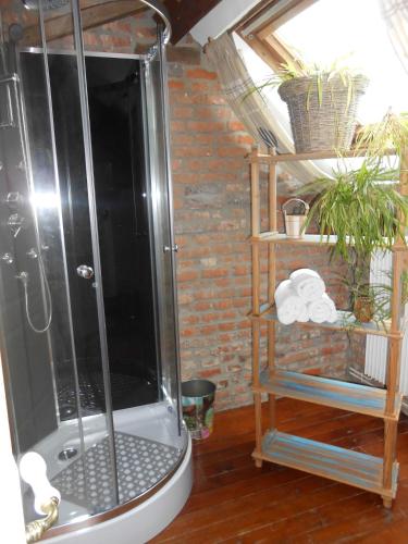 La salle de bains est pourvue d'une douche et d'une étagère en bois. dans l'établissement La Mezzanine, à Amfroipret