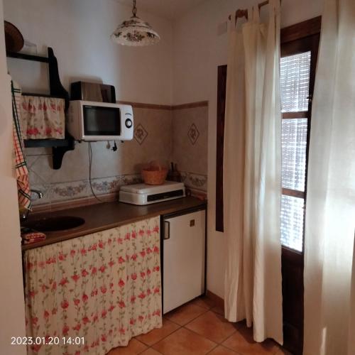 a small kitchen with a microwave and a refrigerator at Apartamento vacacional en la Alpujarra in Laroles