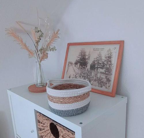 a shelf with two bowls and a picture and a frame at Le p’tit Kerf proche Centre Ville in Quimper