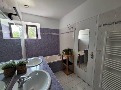 uma casa de banho com 2 lavatórios e um chuveiro em Logement 2 à 4 pers - moulin em Saint-Carreuc