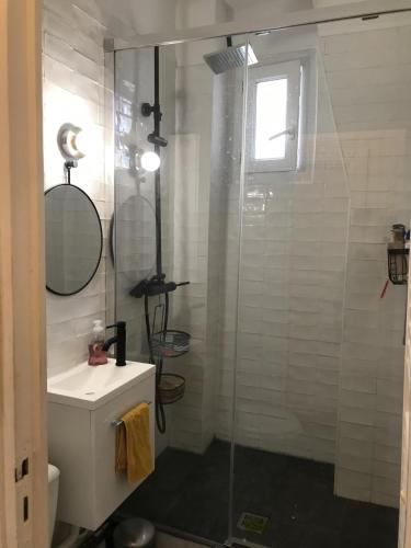 une salle de bain avec une douche avec des toilettes et un lavabo dans l'établissement Appartement parisien (12ème), à Paris
