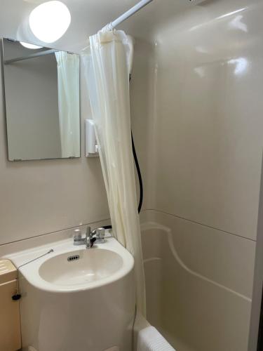 uma casa de banho com um lavatório, um chuveiro e um espelho. em HOTEL THE NEXT KANKU em Sennan