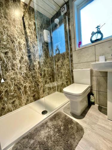 a bathroom with a shower and a toilet and a sink at 4 bedroomed maisonette in City Centre, near Barbican & Seafront in Plymouth