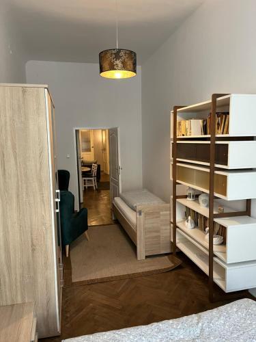 a room with a bed and a book shelf at Pokoje Gościnne Wiślna in Krakow