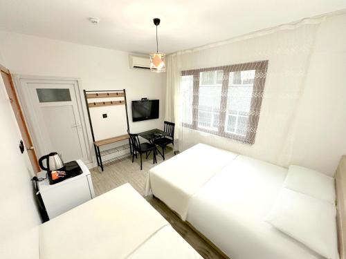 Schlafzimmer mit einem Bett, einem Schreibtisch und einem TV in der Unterkunft Menesa Hotel in Istanbul