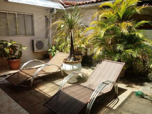 2 chaises en osier assises sur une terrasse avec des palmiers dans l'établissement POUSADA AREIA DA PRAIA, à Fortaleza