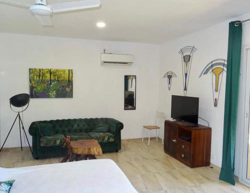 a living room with a green couch and a tv at Bungalow DOUROU in Deshaies