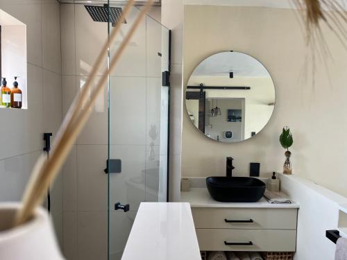 a bathroom with a sink and a mirror at Seacret Whale in Bloubergstrand