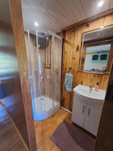 W łazience znajduje się prysznic i umywalka. w obiekcie Old Farmhouse Cottage w mieście Kareedouw