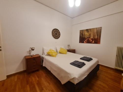 ein Schlafzimmer mit einem Bett und einem Wandgemälde in der Unterkunft Cozy 2 Bedroom apt @Panormou Metro/Erytros Stavros in Athen