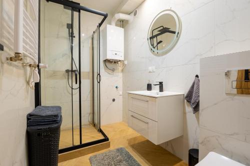 a bathroom with a shower and a sink and a mirror at Vip Apartamenty in Rzeszów