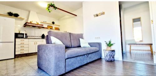 a living room with a blue couch and a kitchen at Apartamento Casa Tambo, Campelo in Pontevedra