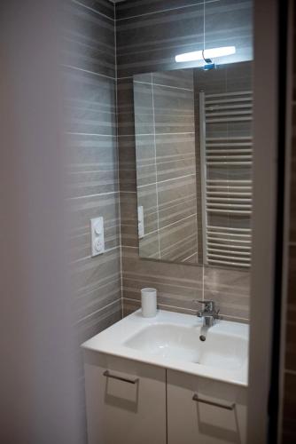 une salle de bain avec un lavabo et un miroir dans l'établissement Au Coeur du Village Bassillac Périgueux, à Bassillac