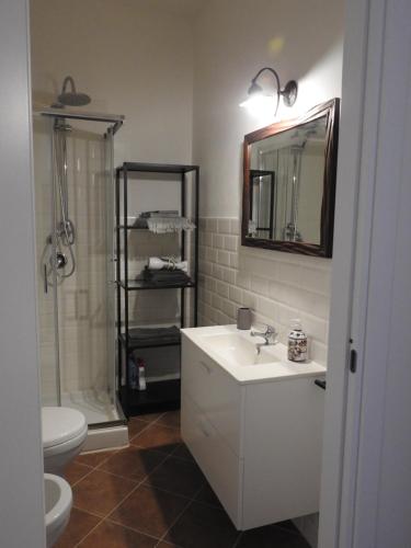 a bathroom with a sink and a toilet and a mirror at Poggio la Luna - La casa nel vigneto in Montemerano