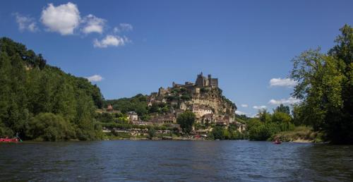 a castle sitting on top of a hill next to a river at Au Coeur du Village Bassillac Périgueux in Bassillac