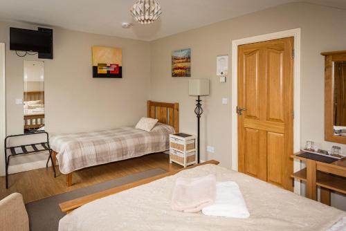 a bedroom with two beds and a television and a door at Kilcatten Lodge in Kilbrittain