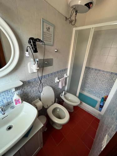 een badkamer met een toilet, een wastafel en een douche bij Pinus Village Apartments 5 in Pula