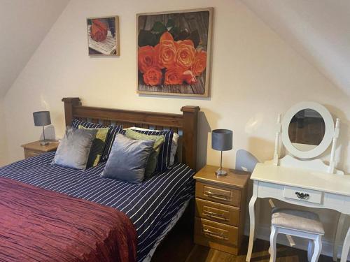 Schlafzimmer mit einem Bett, einem Waschbecken und einem Spiegel in der Unterkunft Victoria's Countryside Apartment in Mallow